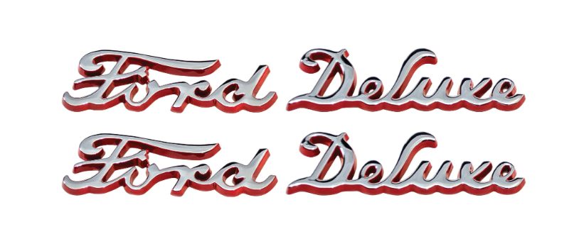 HOOD SIDE EMBLEMS - 40 DLX PASS "FORD DELUXE" WITH PAINTED RED EDGES