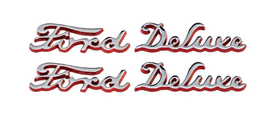 HOOD SIDE EMBLEMS - 40 DLX PASS "FORD DELUXE" WITH PAINTED RED EDGES