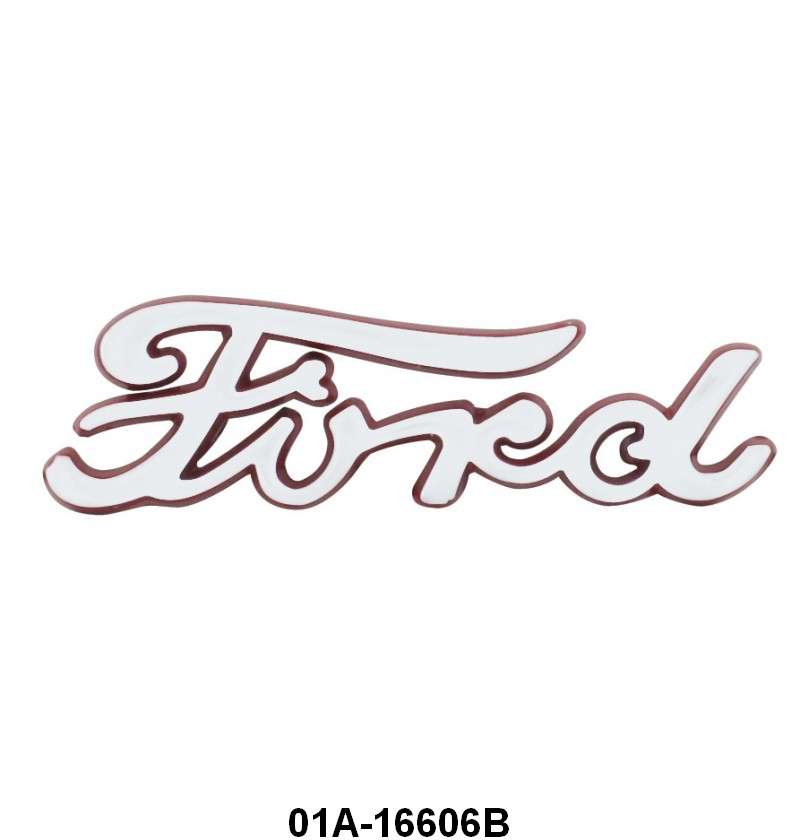 HOOD SIDE EMBLEM - 40 DLX PASS "FORD" PAINTED RED EDGES