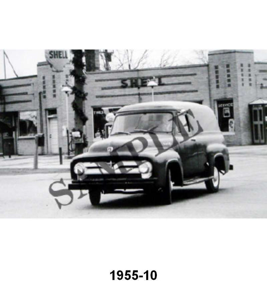 BLACK AND WHITE PICTURES - 55 PANEL TRUCK AT SHELL GAS
