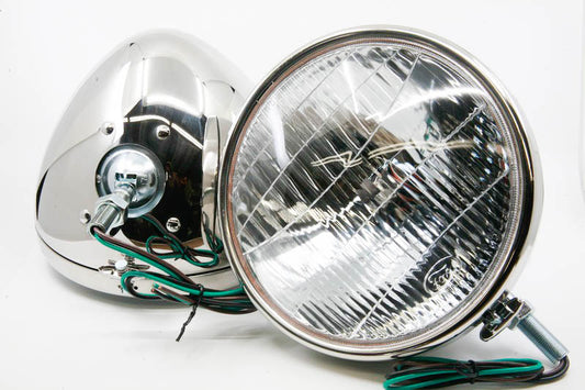 HALOGEN HEADLIGHTS - 33-34 PASSENGER 12V STAINLESS W/SCRIPT