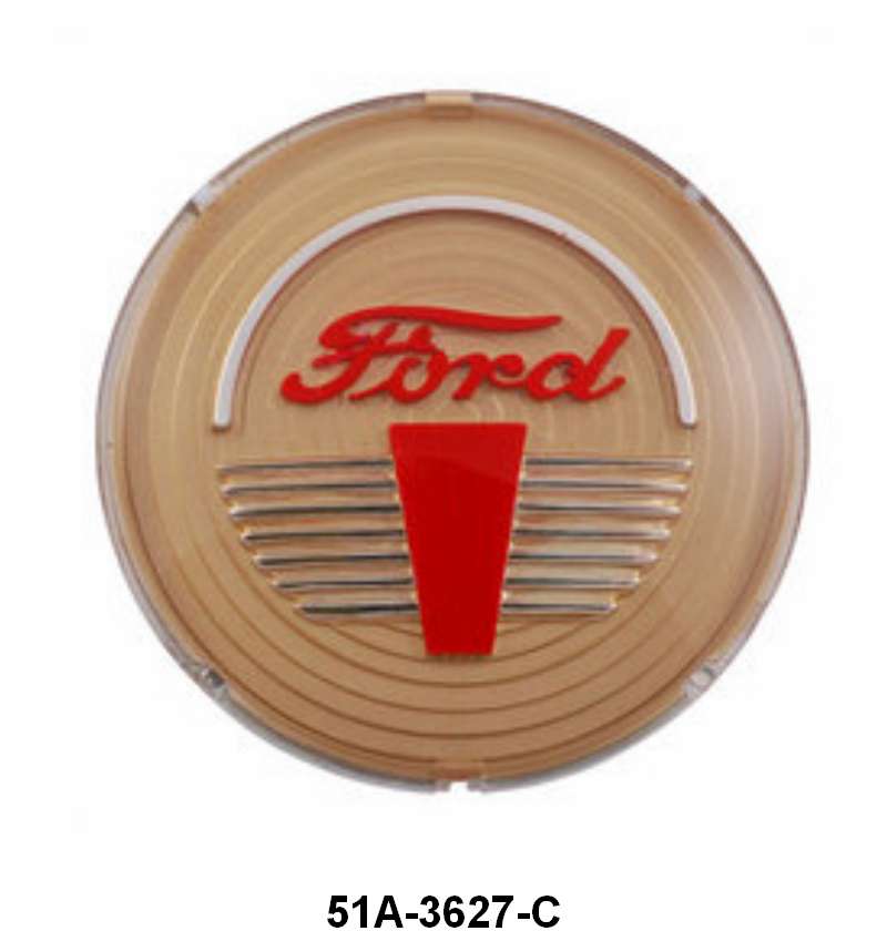 HORN RING/BUTTON EMBLEM - 46 CONV/WAGON, TAN BACKGROUND, RED "FORD"