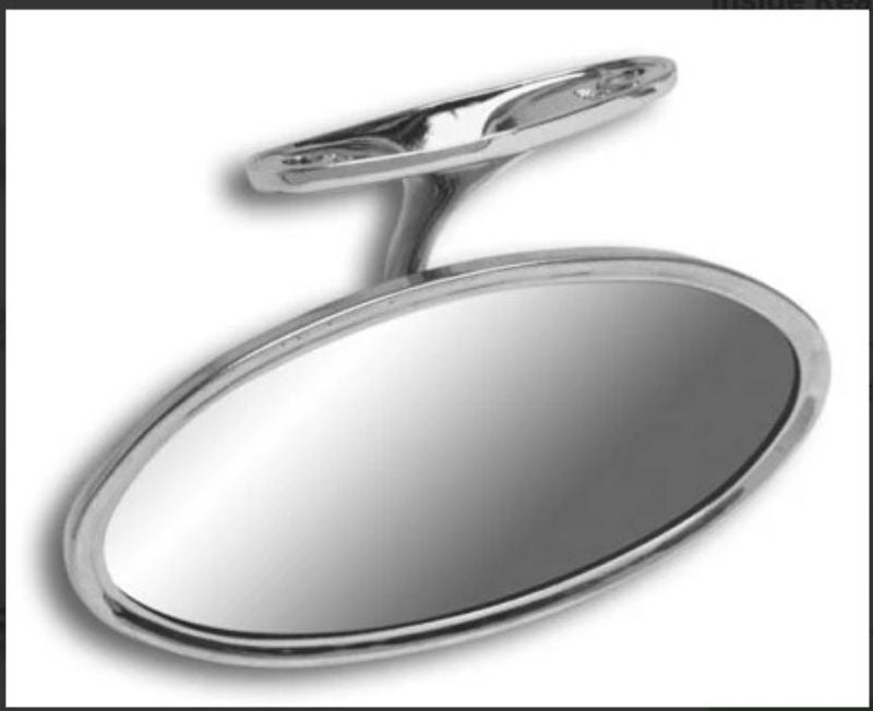STAINLESS REAR VIEW MIRROR WITH BRACKET - 35-36 COUPE, SEDAN, OVAL HEAD