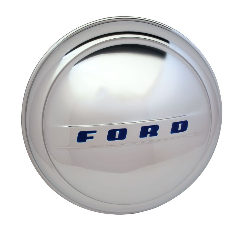 STAINLESS HUB CAP WITH BLUE PAINTED INSIGNIA - 47-48 PASS 47-60 1/2 TON PU