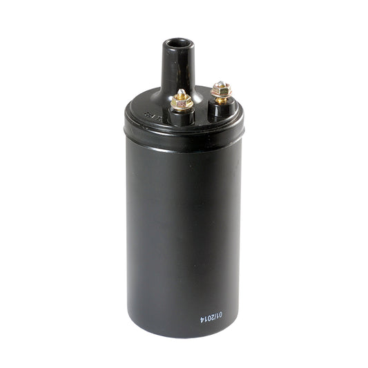 BLACK 6-V COIL WITH "BAT" & "DIST" CAST IN TOP 49-55 PASS/MERC 48-55 PU