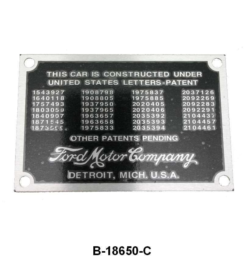 FIREWALL PATENT DATA PLATE - 37-39 PASSENGER, PICKUP
