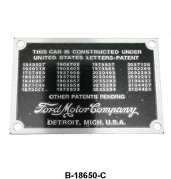FIREWALL PATENT DATA PLATE - 37-39 PASSENGER, PICKUP