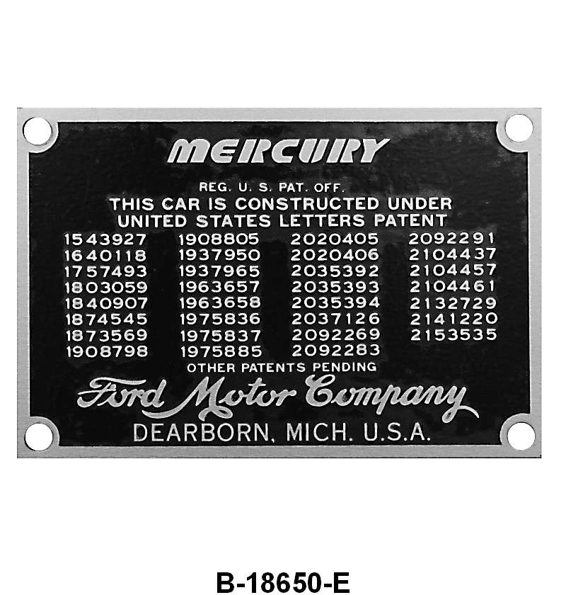FIREWALL PATENT DATA PLATE - 39-48 MERCURY