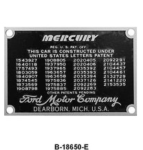 FIREWALL PATENT DATA PLATE - 39-48 MERCURY