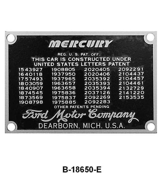 FIREWALL PATENT DATA PLATE - 39-48 MERCURY