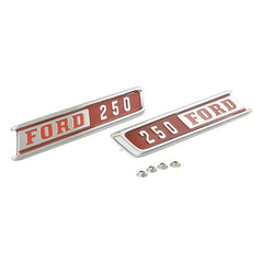 HOOD SIDE EMBLEMS -  67 F-250, CHROME W/RED PAINT