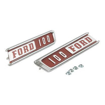 HOOD SIDE EMBLEMS -  67 F-100, CHROME W/RED PAINT