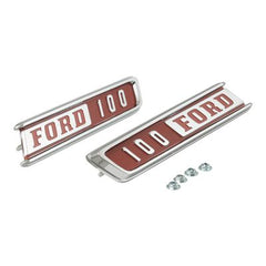 HOOD SIDE EMBLEMS -  67 F-100, CHROME W/RED PAINT