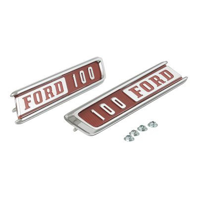 HOOD SIDE EMBLEMS -  67 F-100, CHROME W/RED PAINT