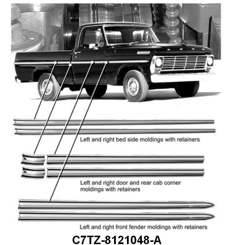 UPPER BODY SIDE MOLDING KIT - 67 PICKUP F-100 SHORT BED SIDE W/CLIPS