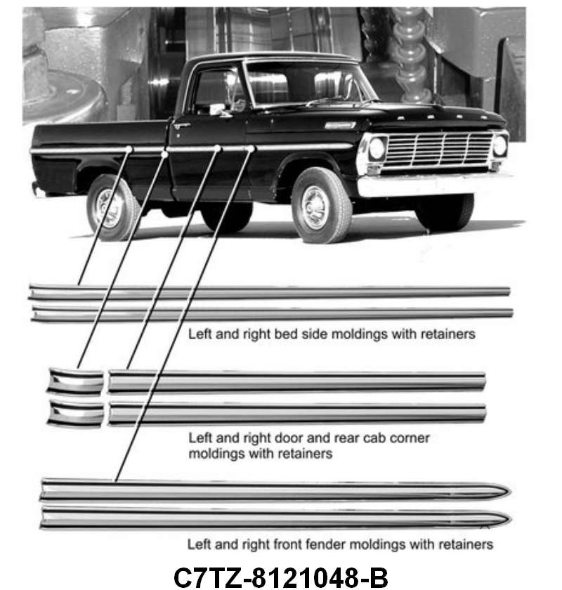 UPPER BODY SIDE MOLDING KIT - 67 PICKUP F-100-250 LONG BED W/CLIPS