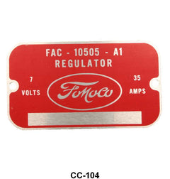 VOLTAGE REGULATOR METAL TAG - 49-53 PASS, 48-52 F-1/F-3 53 F-100/F-350