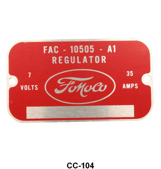 VOLTAGE REGULATOR METAL TAG - 49-53 PASS, 48-52 F-1/F-3 53 F-100/F-350