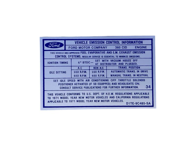 EMISSION DECAL - 71 F-100/F-250 360 AT/MT