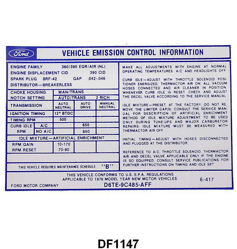 EMISSION DECAL - 76 F-100/F-250 390 W/AUTO