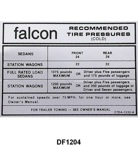 GLOVE BOX TIRE PRESSURE DECAL - 67 FALCON