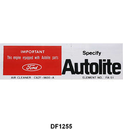 AUTOLITE REPLACEMENT PARTS DECAL - 68-69 FALCON, FAIRLANE, MUSTANG 200