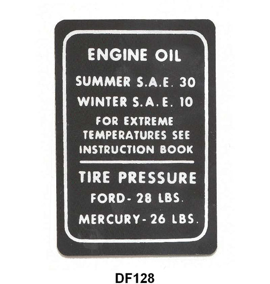 GLOVE BOX TIRE PRESSURE & OIL DECAL - 46-48 PASSENGER