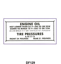 GLOVE BOX TIRE PRESSURE & OIL DECAL - 49-51 PASSENGER
