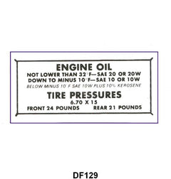 GLOVE BOX TIRE PRESSURE & OIL DECAL - 49-51 PASSENGER