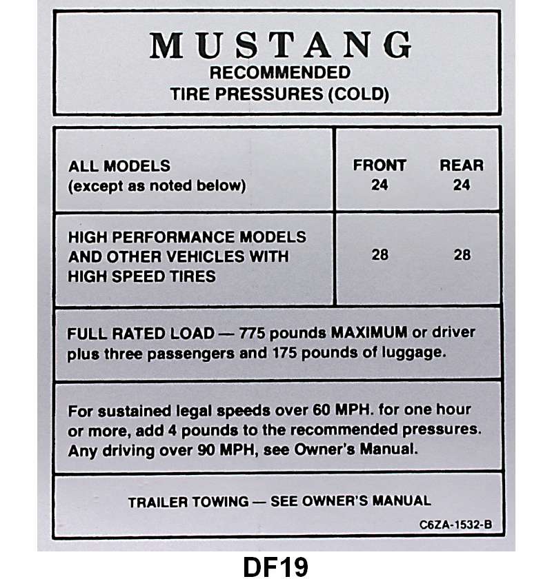 GLOVE BOX TIRE PRESSURE DECAL - 66 MUSTANG