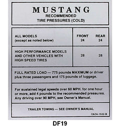 GLOVE BOX TIRE PRESSURE DECAL - 66 MUSTANG