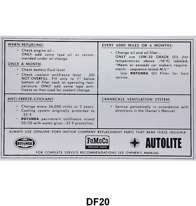 SERVICE SPECIFICATION DECAL - 65-66 ALL PASS, 65-66 F-100/F-350