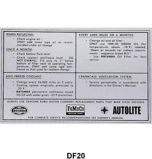 SERVICE SPECIFICATION DECAL - 65-66 ALL PASS, 65-66 F-100/F-350