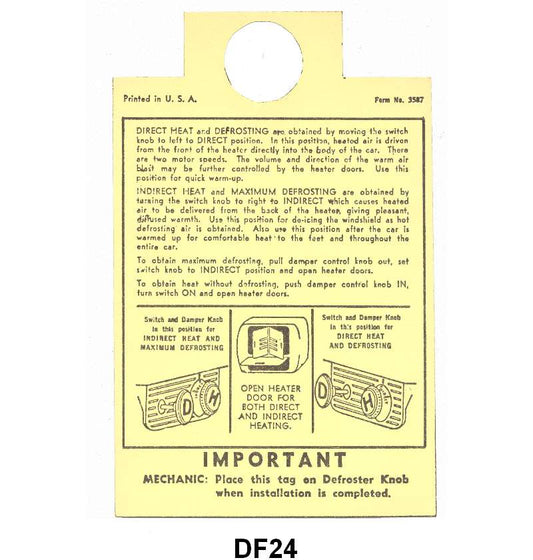 HEATER INSTRUCTION TAG - 46-48 PASSENGER