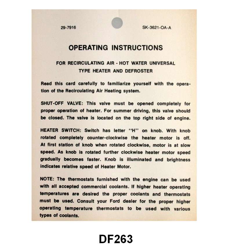 HEATER INSTRUCTION TAG - 50 PASSENGER