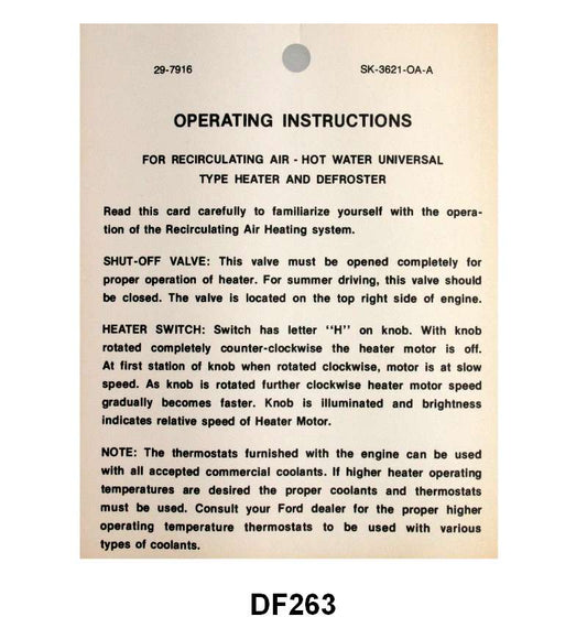 HEATER INSTRUCTION TAG - 50 PASSENGER