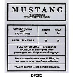 GLOVE BOX TIRE PRESSURE DECAL - 67-EARLY 68 MUSTANG