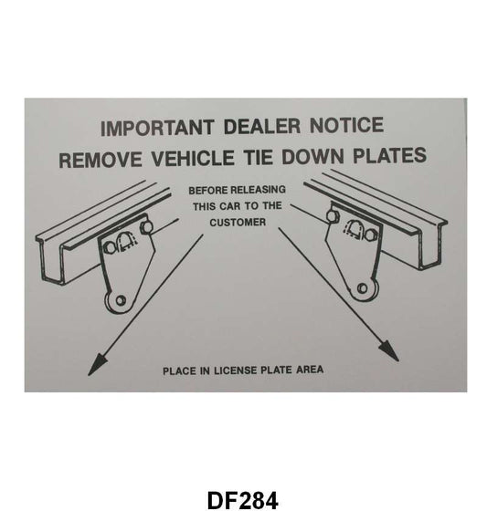 REAR GRAVEL PAN TIE DOWN DECAL - 64-70 MUSTANG