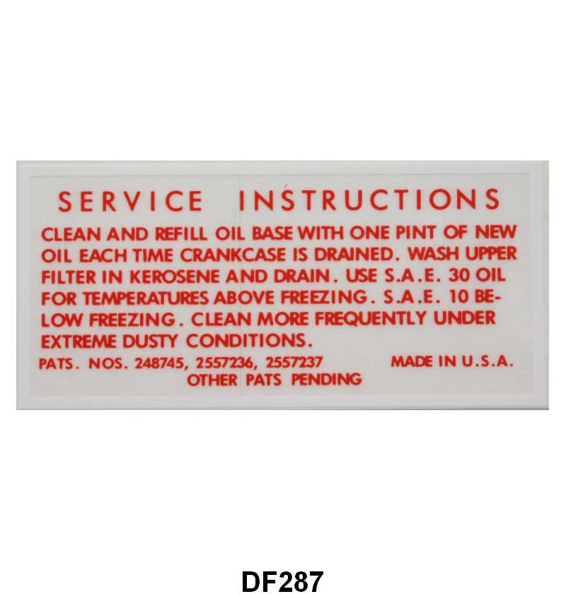 AIR CLEANER SERVICE INSTRUCTIONS DECAL - 52-53 PASS V8 SIDE, OIL BATH
