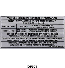 EMISSION DECAL - 70 MUST & 70 F-100 302-2V AFT 1-1-70