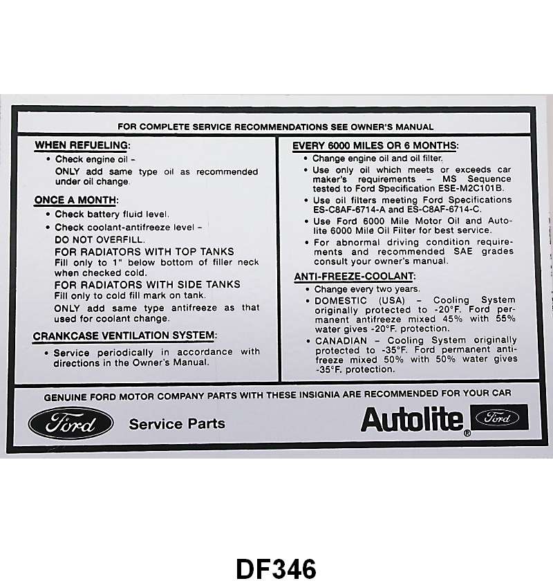 SERVICE SPECIFICATION DECAL - 70 ALL PASS, 70 F-100/F-350