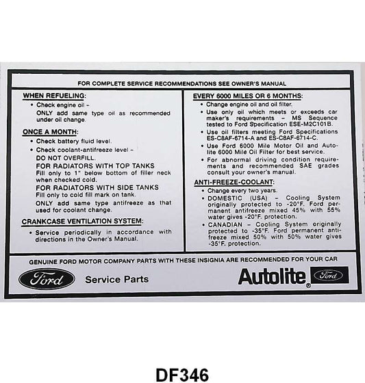SERVICE SPECIFICATION DECAL - 70 ALL PASS, 70 F-100/F-350