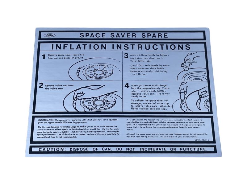 JACK INSTRUCTION/SPARE TIRE DECAL - 68-70 MUSTANG WITH SPACE SAVER