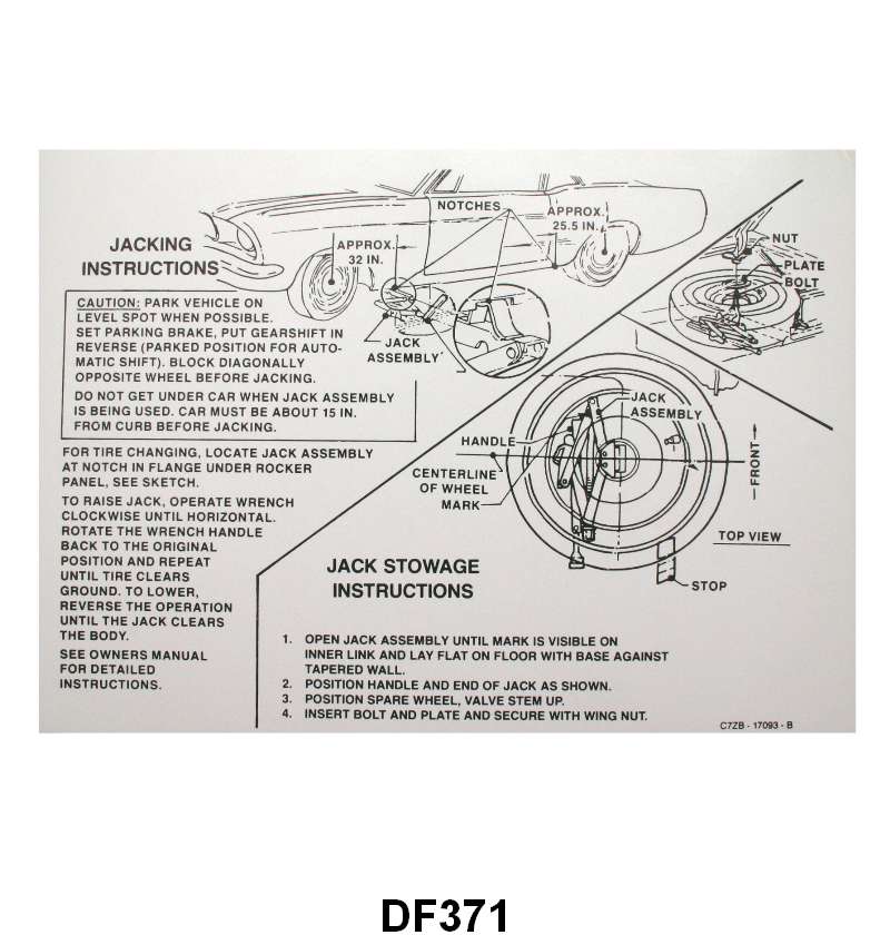 JACK INSTRUCTION/SPARE TIRE DECAL - EARLY 67 MUSTANG