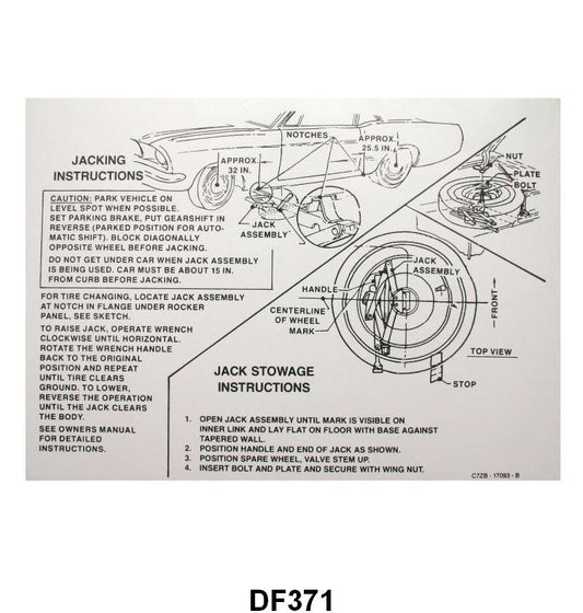 JACK INSTRUCTION/SPARE TIRE DECAL - EARLY 67 MUSTANG