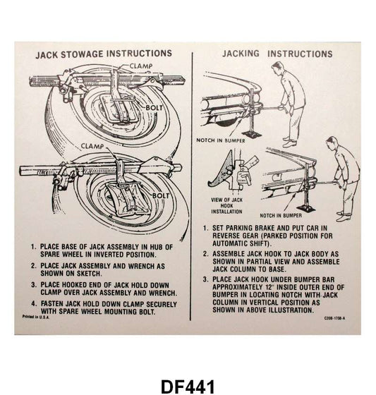 JACK INSTRUCTION/SPARE TIRE DECAL - 62-63 FAIRLANE EXCEPT WAGON