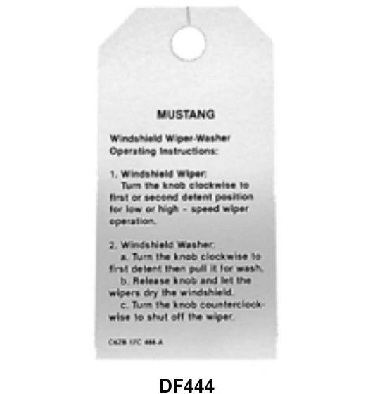 WINDSHIELD WIPER SWITCH AND WASHER TAG - 66 MUSTANG
