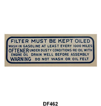 AIR CLEANER DECAL - 37-38 PASS/PICKUP, OIL BATH