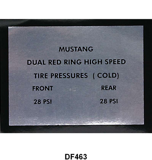 GLOVE BOX TIRE PRESSURE DECAL - 65-66 MUSTANG WITH RED LINE TIRES