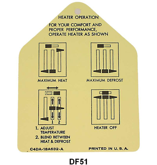 HEATER INSTRUCTION TAG - 64 MUSTANG/FALCON/RANCHERO